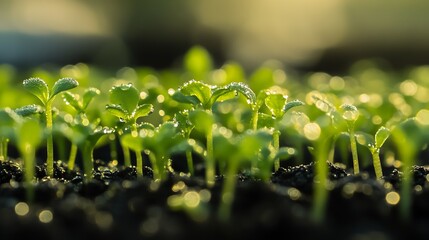 Aufkleber - Illuminated Seedlings with Water Drops Captured in Soft Morning Light : Generative AI