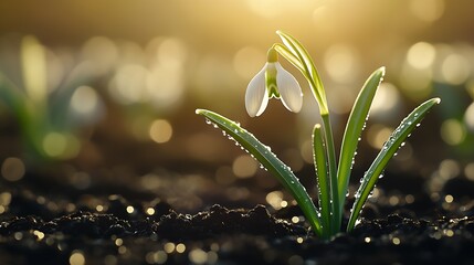 Fototapete - Close-Up View of Snowdrop Flowers Surrounded by Dewdrops in Soft Sunrise Light : Generative AI