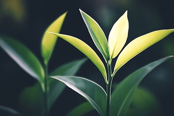 Aufkleber - Pair of bright green leaves against a dark backdrop symbolizing nature's simplicity : Generative AI