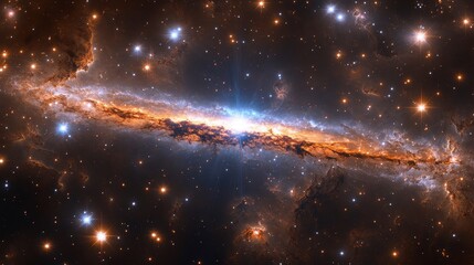 edge-on galaxy with luminous center amidst stardust and shimmering celestial bodies