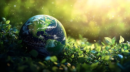 Poster - Stunning Earth Globe Surrounded by Rich Green Leaves Illuminated by Gentle Sunlight : Generative AI
