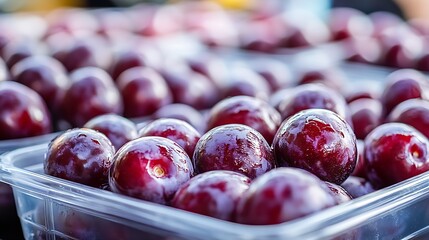 Poster - Close-Up View of Plump Red Plums in Clear Plastic Containers at a Local Market : Generative AI