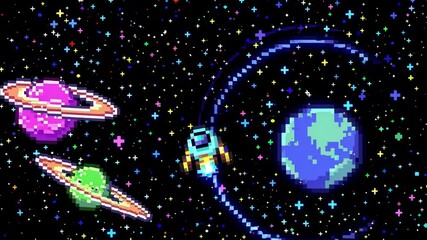 Wall Mural - Pixel art video style of space with planets and a spaceship. Top-down angle showcasing colorful stars and cosmic elements in a retro design. Live desktop wallpaper.