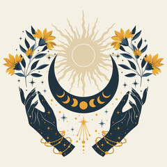 Wall Mural - boho crescent, woman hand and flowers. alchemy esoteric magic space. elegant illustration.