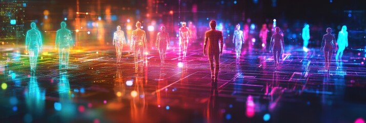 Aufkleber - Colorful digital figures represent diverse customer insights and the future of personalized marketing on a vibrant digital grid