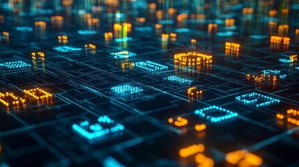Flowing lines of blue and yellow binary digital data against dark background for technology concepts