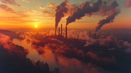 Aufkleber - A powerplant is silhouetted against a vibrant sunset, with dark smoke billowing from tall chimneys. Below, a river reflects the warm colors of dusk while industrial activity continues.
