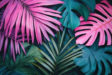Poster - Explore vibrant tropical foliage with bold neon palm leaves in pink, blue, and green for a stylish jungle aesthetic
