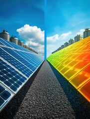 Poster - Bright solar panels showcase renewable energy on one side, while vibrant gasoline concepts represent traditional power on the other