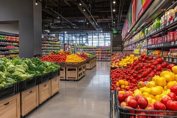 Poster - Vibrant grocery store aisle showcases colorful fresh fruits and vegetables arranged in an inviting and modern setting