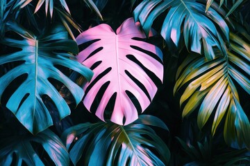 Poster - Vibrant tropical background with bold palm leaves showcasing a modern jungle aesthetic in bright neon colors