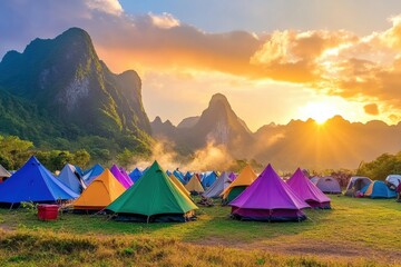 Fototapete - Vibrant camping site with colorful tents and glowing sunrise over green mountains for a perfect outdoor retreat
