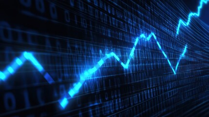 A glowing blue line chart over binary computer code background