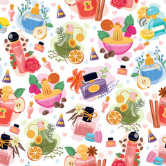 Naklejka na meble Perfume bubbles with floral and fruit fragrances seamless pattern. Flower perfumery smells. Toilet water vials. Repeated print. Cologne flacons. Aromatic cosmetic. Vector background