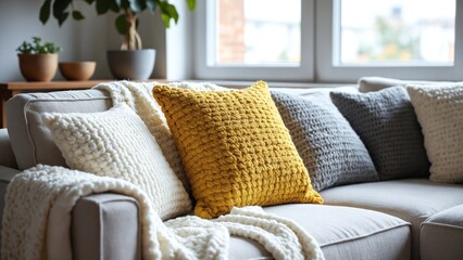 Fototapete - Cozy Living Room Scene with Textured Yellow Pillow on Sofa Surrounded by Soft Throws and Natural Light Streaming Through Window