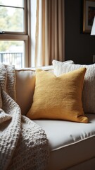 Fototapete - Cozy Living Room Scene with Textured Yellow Pillow on Sofa Surrounded by Soft Throws and Natural Light Streaming Through Window