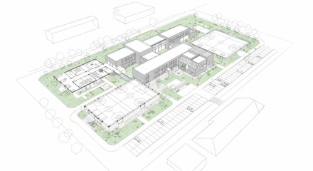 Detailed Architectural School Building Plan Design - Precise school campus layout, encompassing classrooms, sports facilities, and parking. Symbolizing education, community, growth, activity