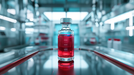 Aufkleber - This vial containing bright red synthetic blood stands out on a metal surface in a modern lab.
