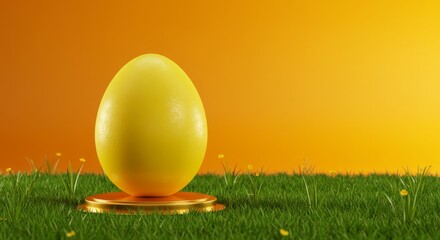 Wall Mural - golden egg on grass - a large yellow egg sits on a golden platform in a field of green grass against