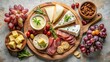 © PloyJai - An Exquisite Arrangement of Gourmet Cheese, Cured Meats, and Fresh Fruits on a Rustic Wooden Board, Perfect for a Sophisticated Gathering