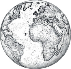 the design of the t-shirt apparel features a modern illustration of a planet earth globe sketch with