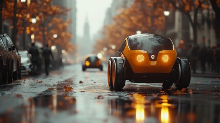 Poster - Autonomous delivery robots move along a wet city street adorned with fallen leaves and illuminated by city lights during a rainy evening, showcasing advancements in urban logistics.