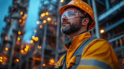 Poster - Miner in bright safety attire evaluates the construction of energy infrastructure at a powerplant site during dusk, surrounded by glowing project lights and metal structures.