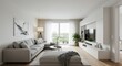 © Nima - Modern Minimalist Living Room Design - Spacious, bright living room with gray sectional sofa, modern media unit, and large windows offering natural light
