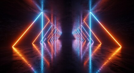 Wall Mural - neon tunnel reflections: vibrant symmetry - futuristic neon tunnel with vibrant orange and blue ligh