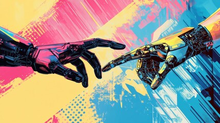 Poster - Modern collage depicting the confrontation between human and artificial intelligence through a hand touch symbolizing future technology evolution