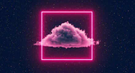 Wall Mural - Pink Neon Cloud in Space - A fluffy pink cloud floats within a vibrant pink neon square frame against a dark, starry night sky background