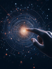 Wall Mural - interactive digital interface: a human hand delicately touches a dynamic digital interface, activati