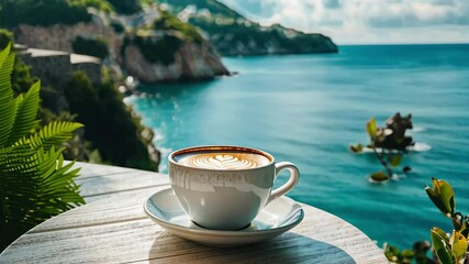 Wall Mural - Enjoying a cup of coffee with a stunning coastal view on a serene day by the sea, Cup of coffee on table by the sea with coastal view Relaxing coastal morning concept
