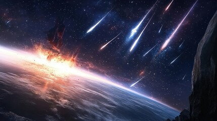 Wall Mural - a meteor shower lighting up the night sky, with shooting stars streaking across the horizon.