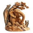 © Muhammad - Intricately carved elephant sculpture among blooming trees and natural wood texture in a peaceful setting