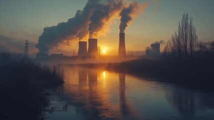 Aufkleber - Cooling towers release steam into the sky as the sun rises over a river, illustrating the energy production processes in a vibrant industrial landscape during morning hours.