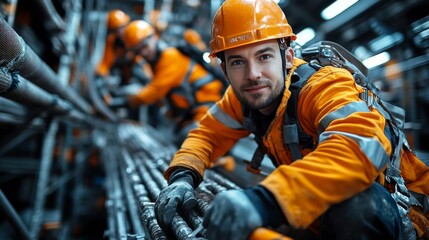 Poster - Professionals in protective gear collaborate in a mineral processing facility, focusing on excavation and infrastructure development in a busy mining environment.