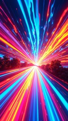 Aufkleber - A vibrant, abstract representation of flowing light trails in a digital landscape