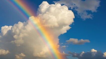 Poster - A vibrant rainbow arcing through fluffy, sunlit clouds, wonder, phenomenon