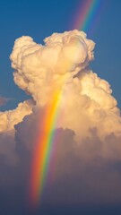 Poster - A vibrant rainbow arcing through fluffy, sunlit clouds, wonder, phenomenon