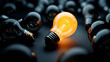 © Aekkawass - glowing light bulb stands out among group of dark, unlit bulbs, symbolizing innovation, creativity, and individuality in modern and sleek setting