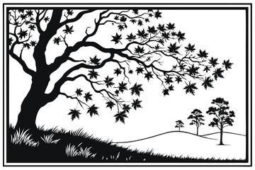 92 black and white silhouette, tree landscape, maple leaves, framed composition, intricate branches,