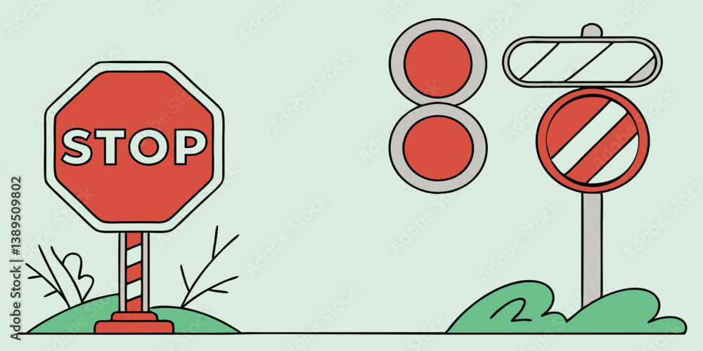 Cartoon Road Signs Stop Sign No Entry Traffic Lights Vector ...