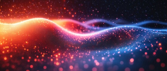 Wall Mural - abstract glowing particle wave background with red and blue light, representing futuristic technolog