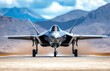 © MKS - An F-35 fighter jet positioned on the runway, front view, as it makes its final approach to the landing strip. The image background emphasizes military aviation engineering, the defense industry, and