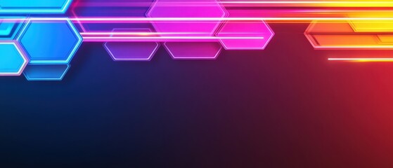 Wall Mural - abstract neon hexagon background with glowing lines in blue, pink, and yellow for futuristic technol