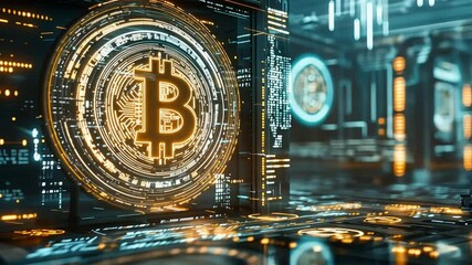 Wall Mural - futuristic digital environment with bitcoin icon, blockchain elements, and neon glow, representing c