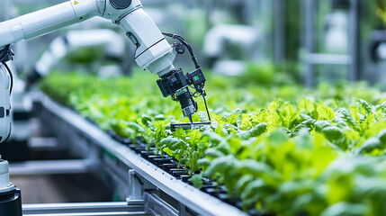 Wall Mural - a futuristic robotic farming facility where robotic arms are assembling vertical farming systems, au