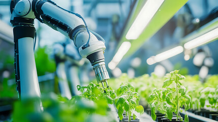 Wall Mural - a futuristic robotic farming facility where robotic arms are assembling vertical farming systems, au