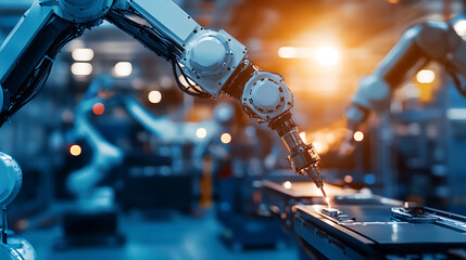 Wall Mural - a futuristic robotics facility where robotic arms are assembling drones for aerial photography and m